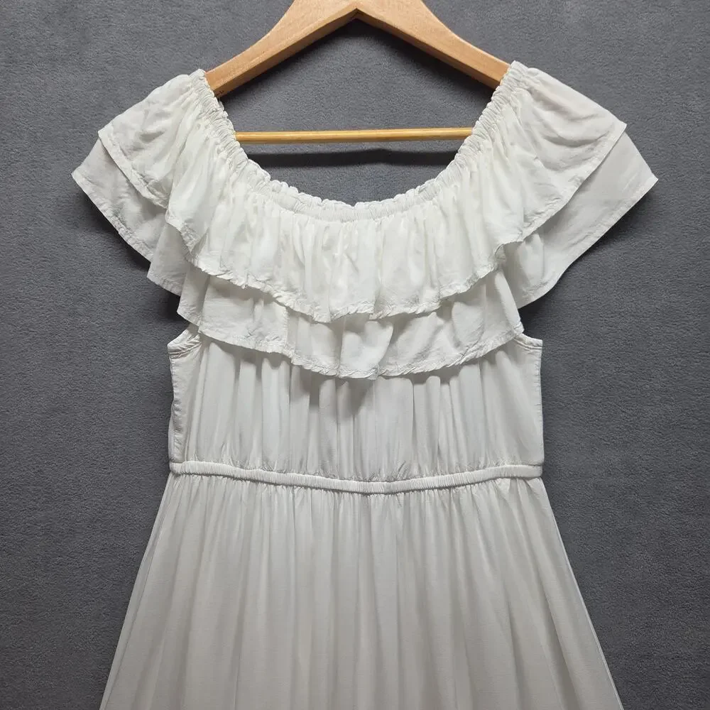 Anna-Kaci White Ruffle Maxi Dress L Off Shoulder Boho Coastal Vacation Feminine - Picture 5 of 14